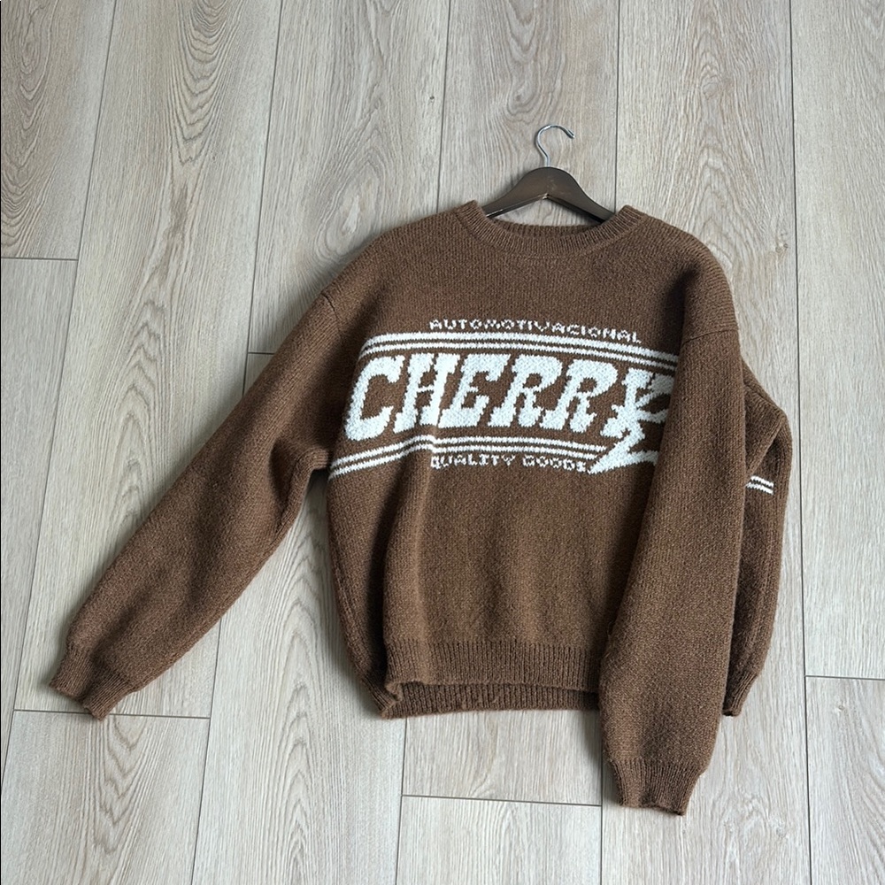 Cherry LA Brown Crewneck Sweater with Collegiate Graphic